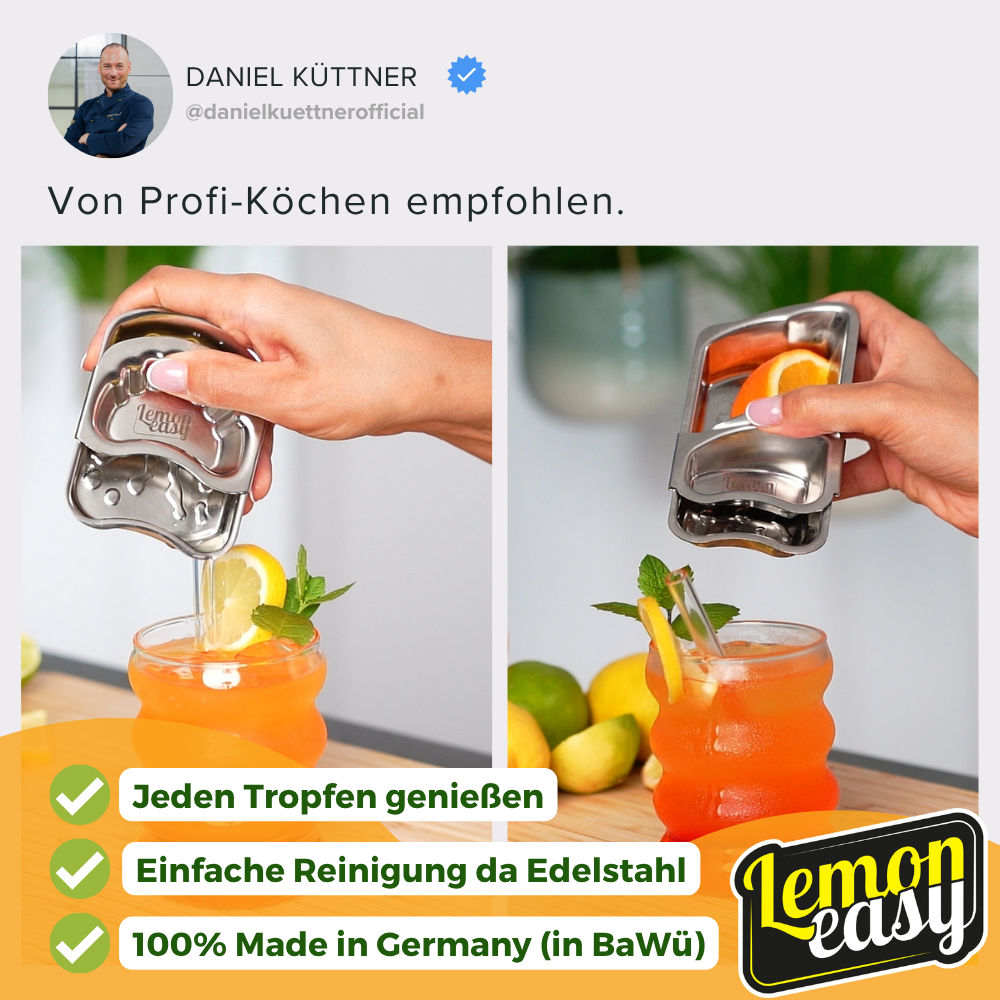 Profi-Koch Daniel Küttner empfiehlt Lemoneasy und Lemoneasy Plus für Cocktails. Frischer Zitronen- und Orangensaft wird direkt ins Getränk gegeben.