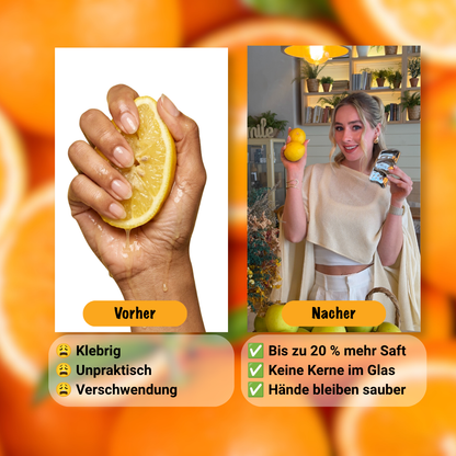 Vorher-Nachher-Vergleich der Lemoneasy Plus: Handgepresste Zitrone mit klebrigen Händen gegenüber einer sauberen und effizienten Saftgewinnung mit dem Zitronenschieber.
