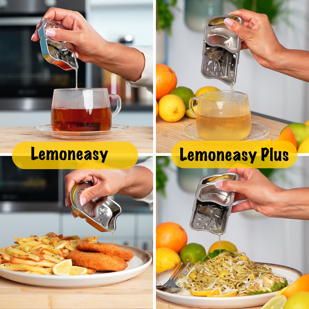 Vergleich zwischen Lemoneasy und Lemoneasy Plus bei der Anwendung. Die Lemoneasy eignet sich für Zitronenviertel, die Lemoneasy Plus für größere Zitronen- und Orangenspalten.